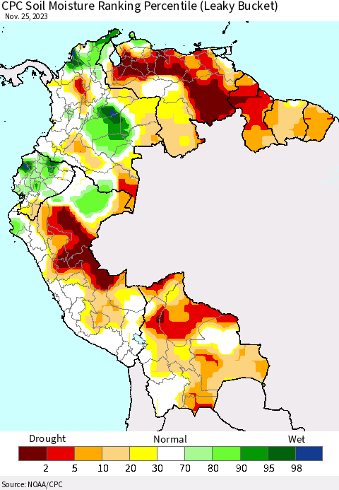 Northern South America CPC Soil Moisture Ranking Percentile (Leaky Bucket) Thematic Map For 11/21/2023 - 11/25/2023