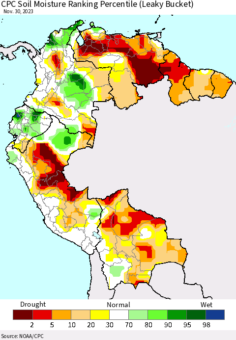 Northern South America CPC Soil Moisture Ranking Percentile (Leaky Bucket) Thematic Map For 11/26/2023 - 11/30/2023