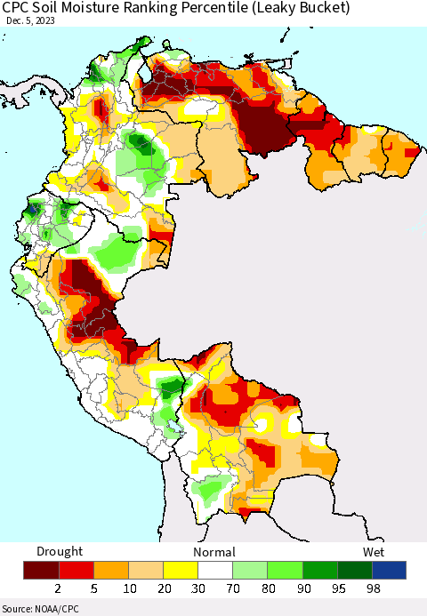 Northern South America CPC Soil Moisture Ranking Percentile (Leaky Bucket) Thematic Map For 12/1/2023 - 12/5/2023