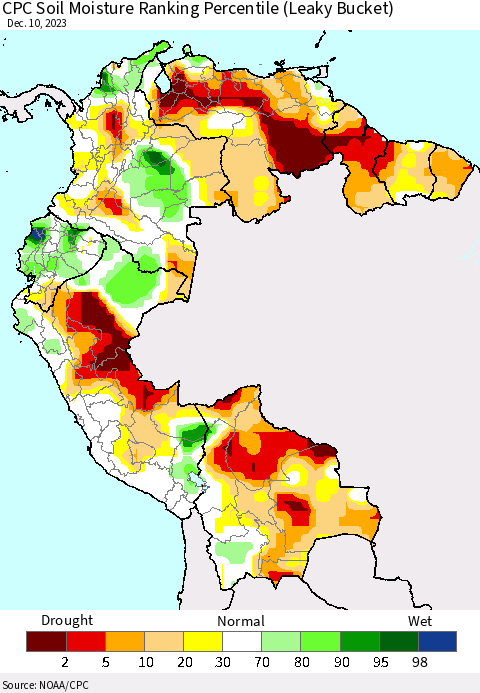 Northern South America CPC Soil Moisture Ranking Percentile (Leaky Bucket) Thematic Map For 12/6/2023 - 12/10/2023
