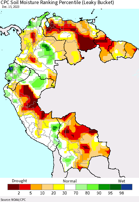Northern South America CPC Soil Moisture Ranking Percentile (Leaky Bucket) Thematic Map For 12/11/2023 - 12/15/2023