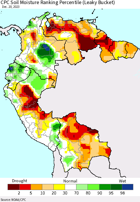 Northern South America CPC Soil Moisture Ranking Percentile (Leaky Bucket) Thematic Map For 12/16/2023 - 12/20/2023