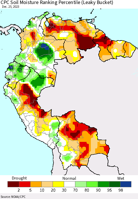 Northern South America CPC Soil Moisture Ranking Percentile (Leaky Bucket) Thematic Map For 12/21/2023 - 12/25/2023