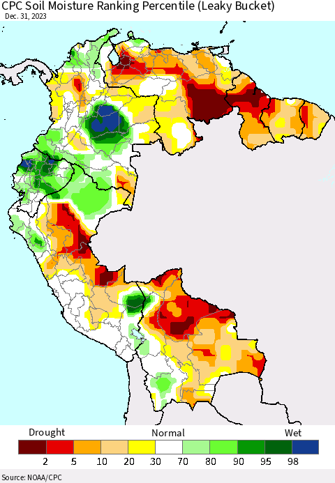 Northern South America CPC Soil Moisture Ranking Percentile (Leaky Bucket) Thematic Map For 12/26/2023 - 12/31/2023