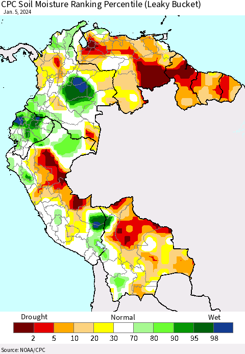 Northern South America CPC Soil Moisture Ranking Percentile (Leaky Bucket) Thematic Map For 1/1/2024 - 1/5/2024