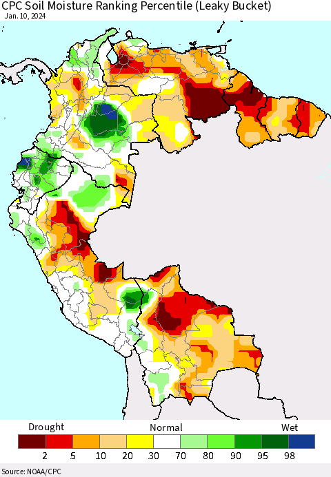 Northern South America CPC Soil Moisture Ranking Percentile (Leaky Bucket) Thematic Map For 1/6/2024 - 1/10/2024