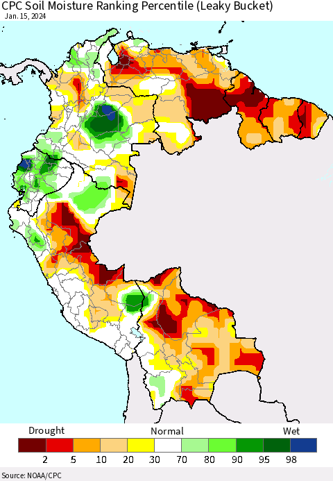 Northern South America CPC Soil Moisture Ranking Percentile (Leaky Bucket) Thematic Map For 1/11/2024 - 1/15/2024