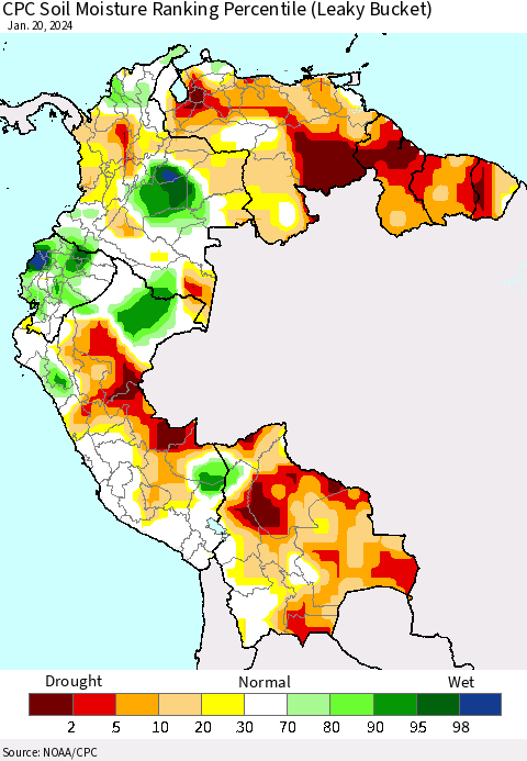 Northern South America CPC Soil Moisture Ranking Percentile (Leaky Bucket) Thematic Map For 1/16/2024 - 1/20/2024
