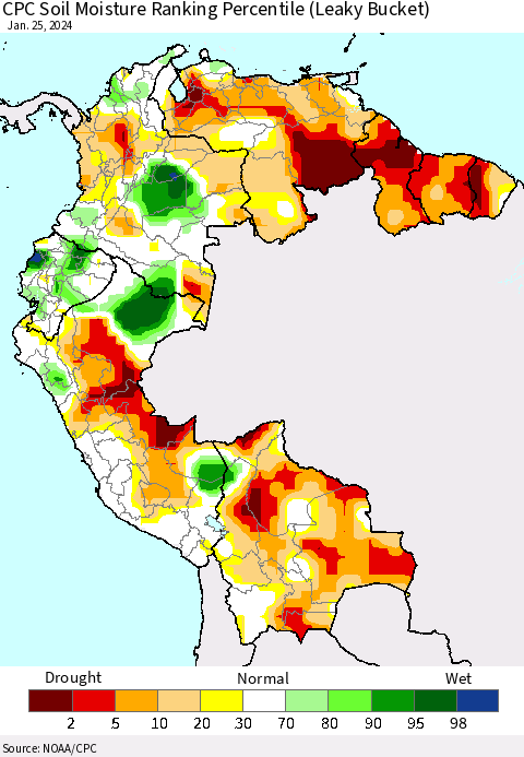 Northern South America CPC Soil Moisture Ranking Percentile (Leaky Bucket) Thematic Map For 1/21/2024 - 1/25/2024
