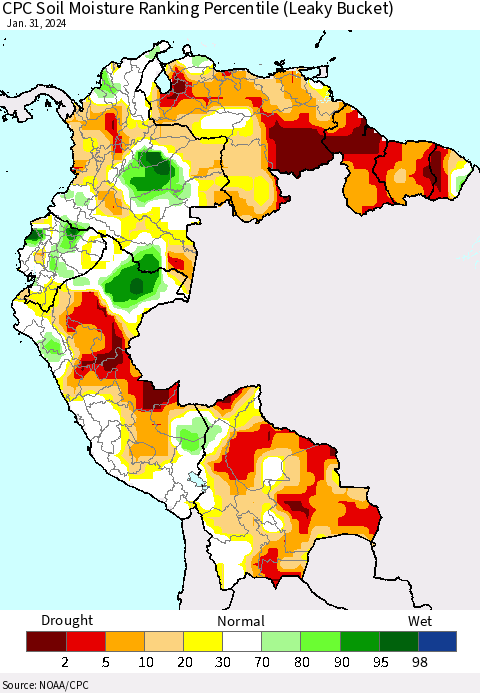 Northern South America CPC Soil Moisture Ranking Percentile (Leaky Bucket) Thematic Map For 1/26/2024 - 1/31/2024