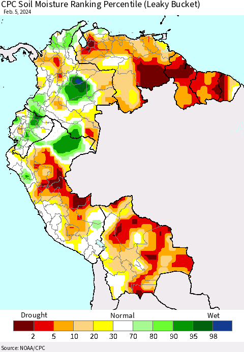 Northern South America CPC Soil Moisture Ranking Percentile (Leaky Bucket) Thematic Map For 2/1/2024 - 2/5/2024
