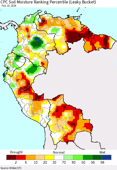 Northern South America CPC Soil Moisture Ranking Percentile (Leaky Bucket) Thematic Map For 2/6/2024 - 2/10/2024