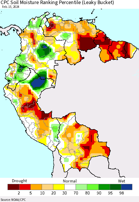 Northern South America CPC Soil Moisture Ranking Percentile (Leaky Bucket) Thematic Map For 2/11/2024 - 2/15/2024