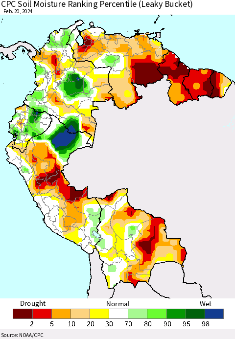 Northern South America CPC Soil Moisture Ranking Percentile (Leaky Bucket) Thematic Map For 2/16/2024 - 2/20/2024