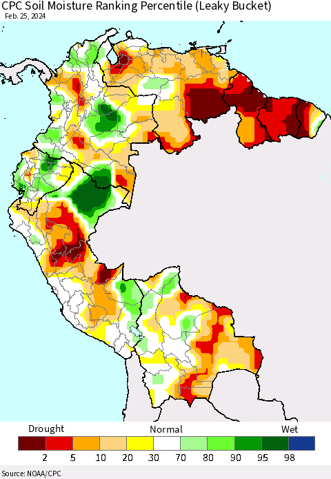 Northern South America CPC Soil Moisture Ranking Percentile (Leaky Bucket) Thematic Map For 2/21/2024 - 2/25/2024