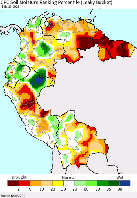Northern South America CPC Soil Moisture Ranking Percentile (Leaky Bucket) Thematic Map For 2/26/2024 - 2/29/2024