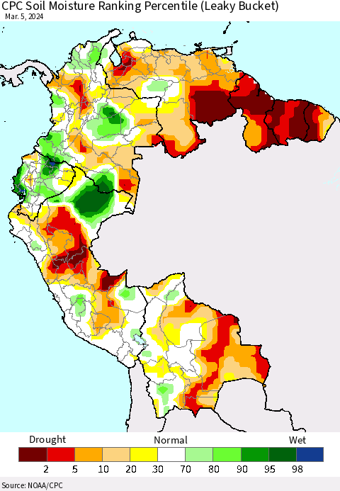 Northern South America CPC Soil Moisture Ranking Percentile (Leaky Bucket) Thematic Map For 3/1/2024 - 3/5/2024