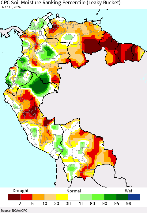 Northern South America CPC Soil Moisture Ranking Percentile (Leaky Bucket) Thematic Map For 3/6/2024 - 3/10/2024