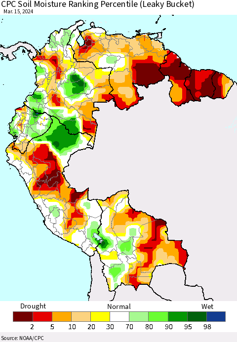 Northern South America CPC Soil Moisture Ranking Percentile (Leaky Bucket) Thematic Map For 3/11/2024 - 3/15/2024