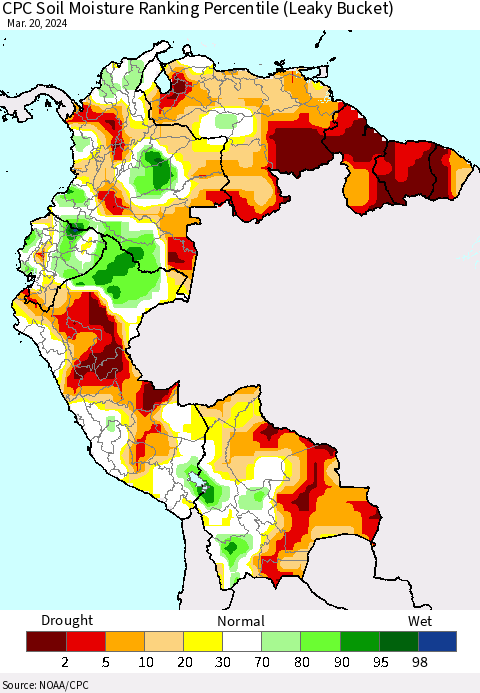 Northern South America CPC Soil Moisture Ranking Percentile (Leaky Bucket) Thematic Map For 3/16/2024 - 3/20/2024