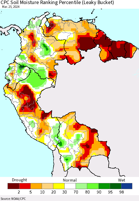 Northern South America CPC Soil Moisture Ranking Percentile (Leaky Bucket) Thematic Map For 3/21/2024 - 3/25/2024