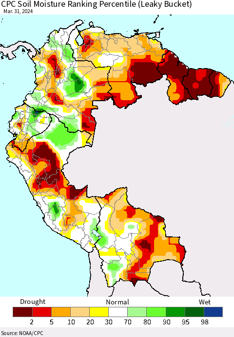Northern South America CPC Soil Moisture Ranking Percentile (Leaky Bucket) Thematic Map For 3/26/2024 - 3/31/2024