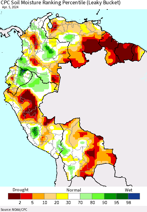 Northern South America CPC Soil Moisture Ranking Percentile (Leaky Bucket) Thematic Map For 4/1/2024 - 4/5/2024