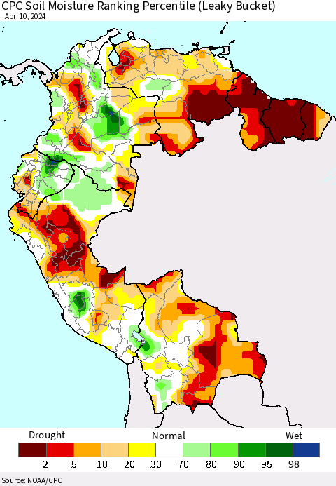 Northern South America CPC Soil Moisture Ranking Percentile (Leaky Bucket) Thematic Map For 4/6/2024 - 4/10/2024