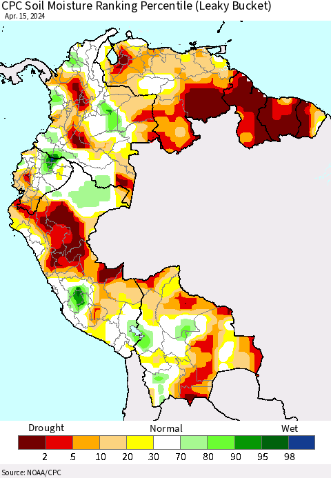 Northern South America CPC Soil Moisture Ranking Percentile (Leaky Bucket) Thematic Map For 4/11/2024 - 4/15/2024