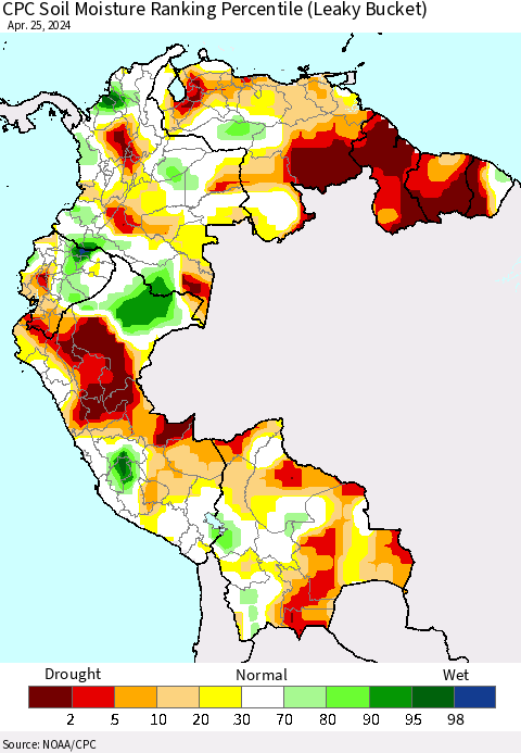 Northern South America CPC Soil Moisture Ranking Percentile (Leaky Bucket) Thematic Map For 4/21/2024 - 4/25/2024