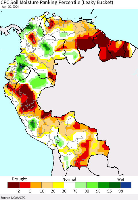 Northern South America CPC Soil Moisture Ranking Percentile (Leaky Bucket) Thematic Map For 4/26/2024 - 4/30/2024