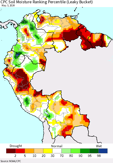 Northern South America CPC Soil Moisture Ranking Percentile (Leaky Bucket) Thematic Map For 5/1/2024 - 5/5/2024
