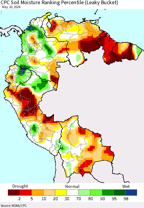Northern South America CPC Soil Moisture Ranking Percentile (Leaky Bucket) Thematic Map For 5/6/2024 - 5/10/2024