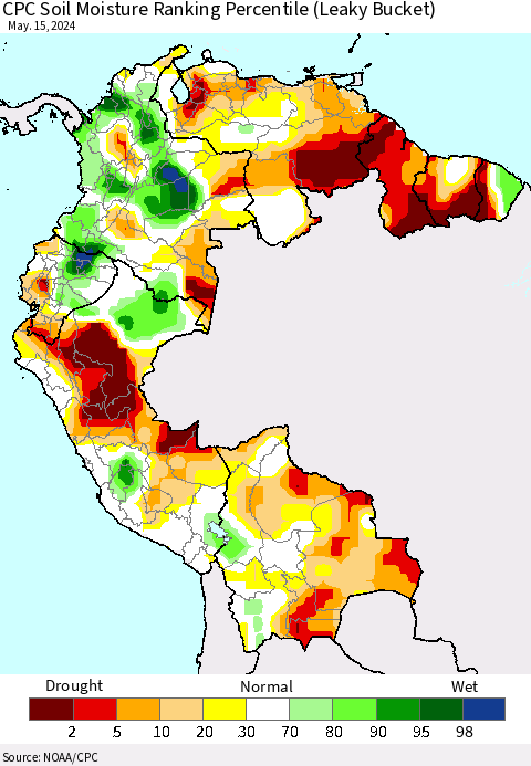 Northern South America CPC Soil Moisture Ranking Percentile (Leaky Bucket) Thematic Map For 5/11/2024 - 5/15/2024