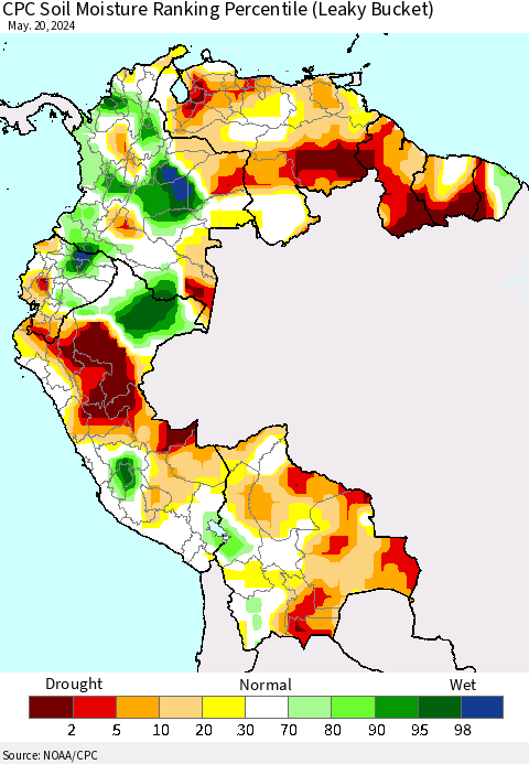 Northern South America CPC Soil Moisture Ranking Percentile (Leaky Bucket) Thematic Map For 5/16/2024 - 5/20/2024