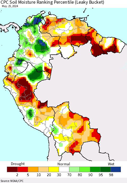 Northern South America CPC Soil Moisture Ranking Percentile (Leaky Bucket) Thematic Map For 5/21/2024 - 5/25/2024