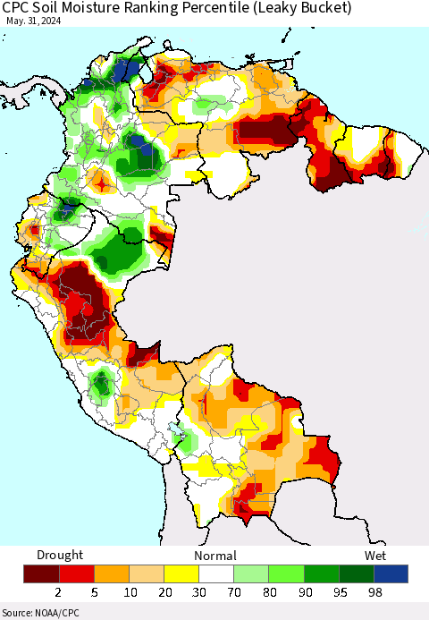 Northern South America CPC Soil Moisture Ranking Percentile (Leaky Bucket) Thematic Map For 5/26/2024 - 5/31/2024