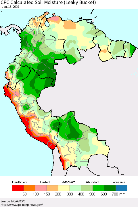 Northern South America CPC Calculated Soil Moisture (Leaky Bucket) Thematic Map For 1/11/2019 - 1/15/2019