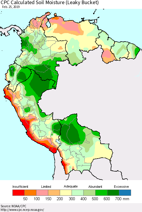 Northern South America CPC Calculated Soil Moisture (Leaky Bucket) Thematic Map For 2/21/2019 - 2/25/2019
