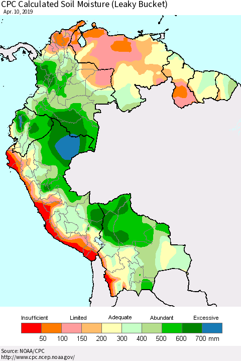Northern South America CPC Calculated Soil Moisture (Leaky Bucket) Thematic Map For 4/6/2019 - 4/10/2019