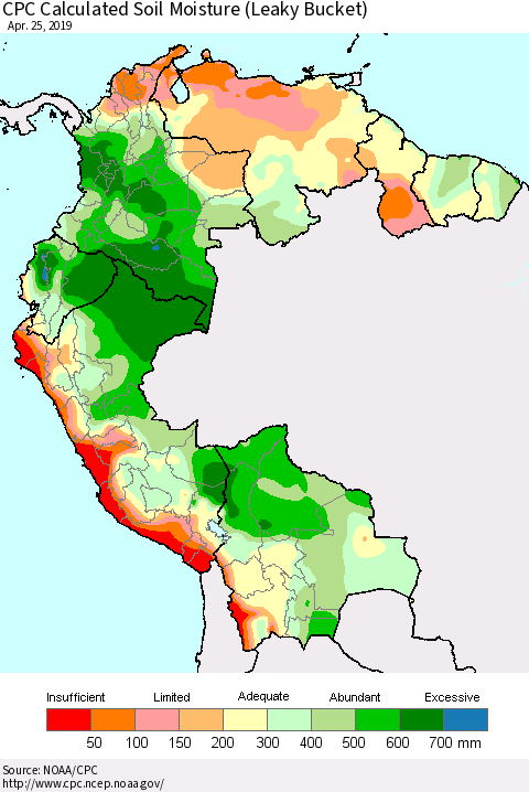 Northern South America CPC Calculated Soil Moisture (Leaky Bucket) Thematic Map For 4/21/2019 - 4/25/2019