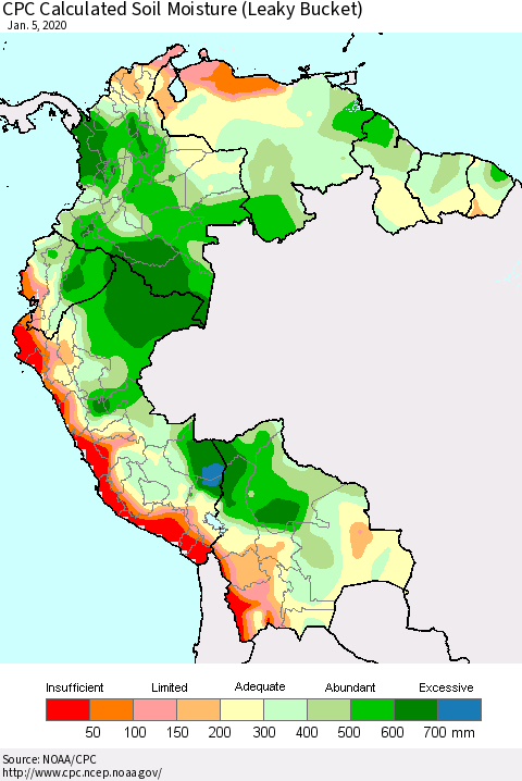 Northern South America CPC Calculated Soil Moisture (Leaky Bucket) Thematic Map For 1/1/2020 - 1/5/2020