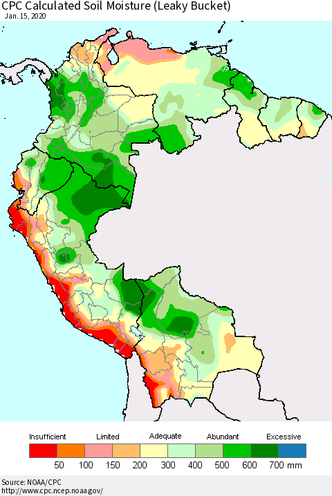 Northern South America CPC Calculated Soil Moisture (Leaky Bucket) Thematic Map For 1/11/2020 - 1/15/2020