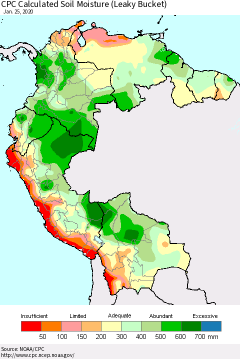 Northern South America CPC Calculated Soil Moisture (Leaky Bucket) Thematic Map For 1/21/2020 - 1/25/2020
