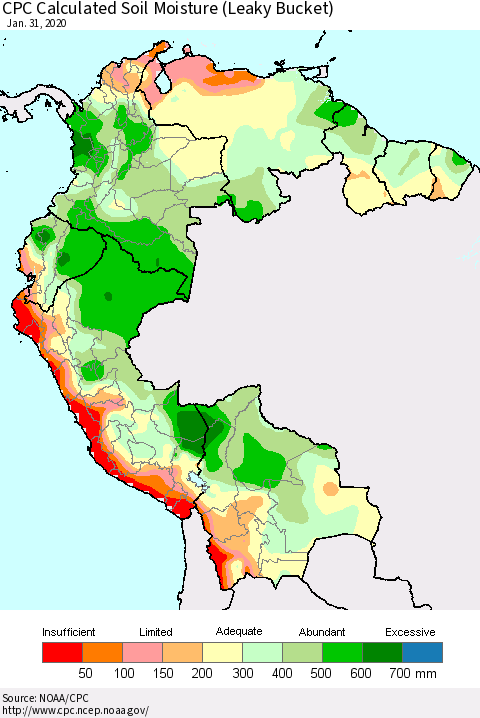 Northern South America CPC Soil Moisture (Leaky Bucket) Thematic Map For 1/26/2020 - 1/31/2020