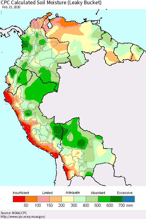 Northern South America CPC Soil Moisture (Leaky Bucket) Thematic Map For 2/11/2020 - 2/15/2020