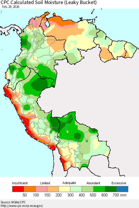 Northern South America CPC Calculated Soil Moisture (Leaky Bucket) Thematic Map For 2/26/2020 - 2/29/2020