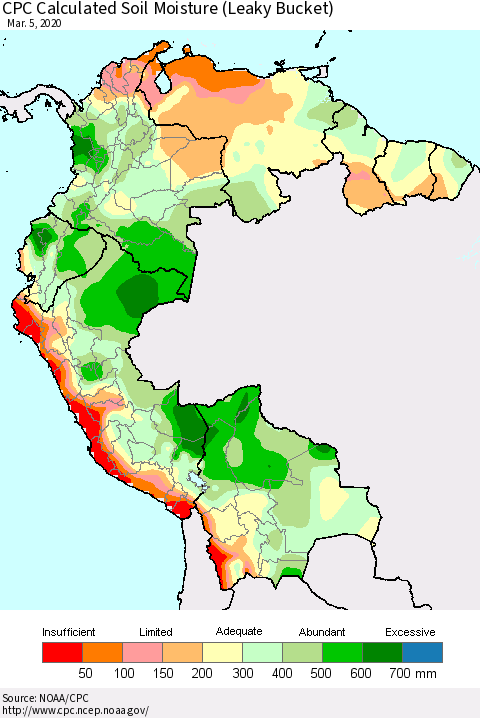 Northern South America CPC Calculated Soil Moisture (Leaky Bucket) Thematic Map For 3/1/2020 - 3/5/2020