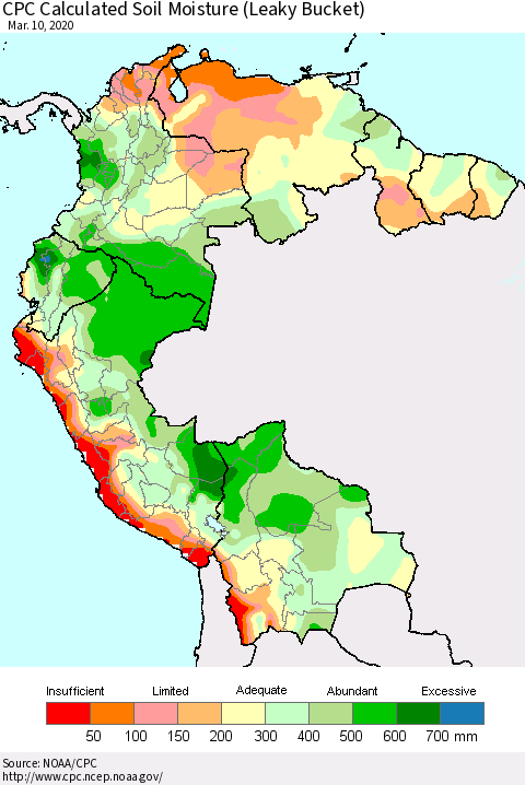 Northern South America CPC Calculated Soil Moisture (Leaky Bucket) Thematic Map For 3/6/2020 - 3/10/2020