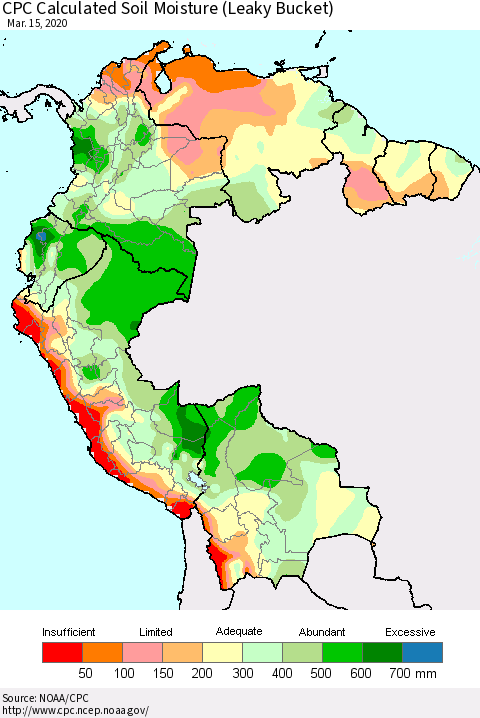 Northern South America CPC Calculated Soil Moisture (Leaky Bucket) Thematic Map For 3/11/2020 - 3/15/2020